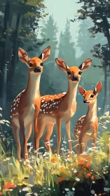 Digital painting of three fawns in sunlit wildflower glade.