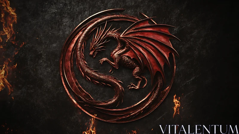 Embossed red dragon sigil rendered as metallic circular relief