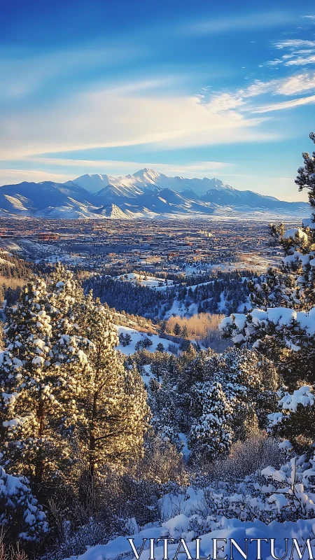 Snow covered forest slopes frame distant mountain cityscape