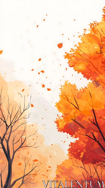 Digital autumn forest with orange foliage and falling leaves.