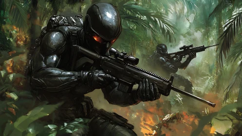 Stealth troopers stalk jungle fire in chrome-black armor.