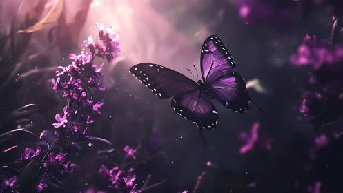 Purple butterfly in bokeh garden, cinematic soft backlight