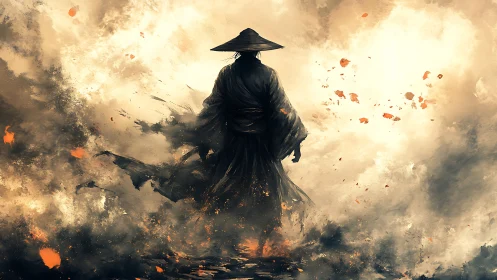 Lone warrior strides through swirling firelit storm clouds.