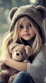 Bear-eared daydreamer cuddling her loyal plush guardian.