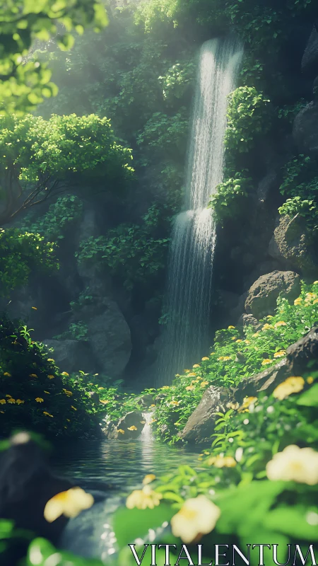 Photorealistic vertical waterfall in dense floral ravine