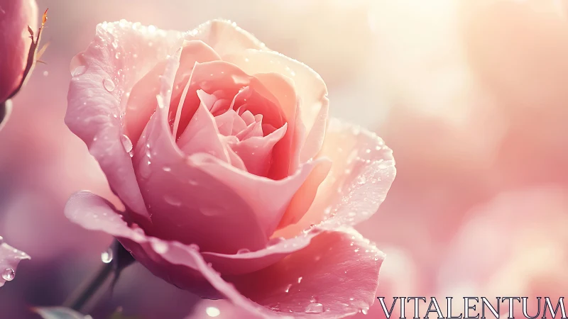 Dawn-kissed blush rose shimmering in soft pastel haze.