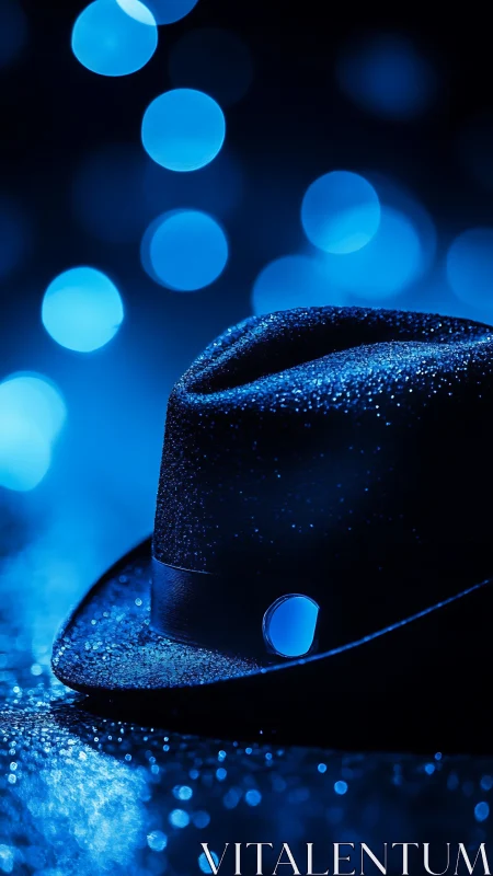 Midnight fedora hums softly beneath electric blue bokeh