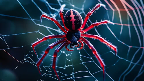 Red striped spider clings to dewy web in cool bokeh light.