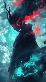 Stormlit horned guardian wrapped in ember and misted teal.