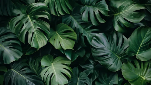 Lush monstera foliage pattern in deep tropical greens.