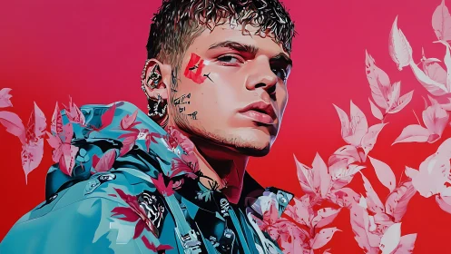 Bold portrait glows in hot pink tones and floating petals