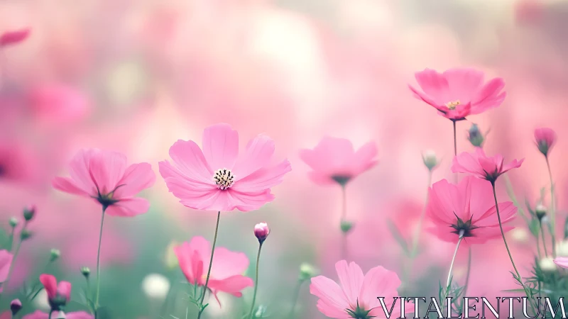Pink cosmos flowers bloom in soft focus garden landscape