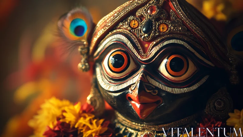 Close-up of ornate black deity idol with floral garland.