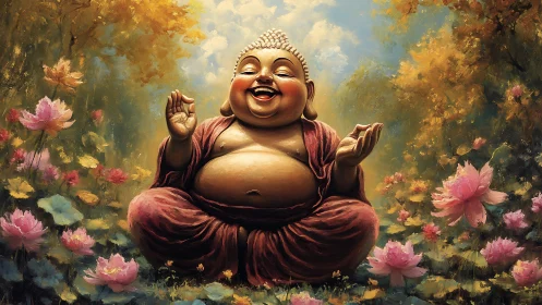 Laughing Buddha sits among glowing lotus flowers in garden