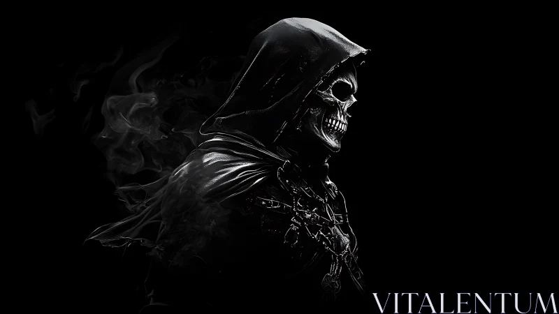 Shrouded skeletal reaper in high-contrast digital chiaroscuro.