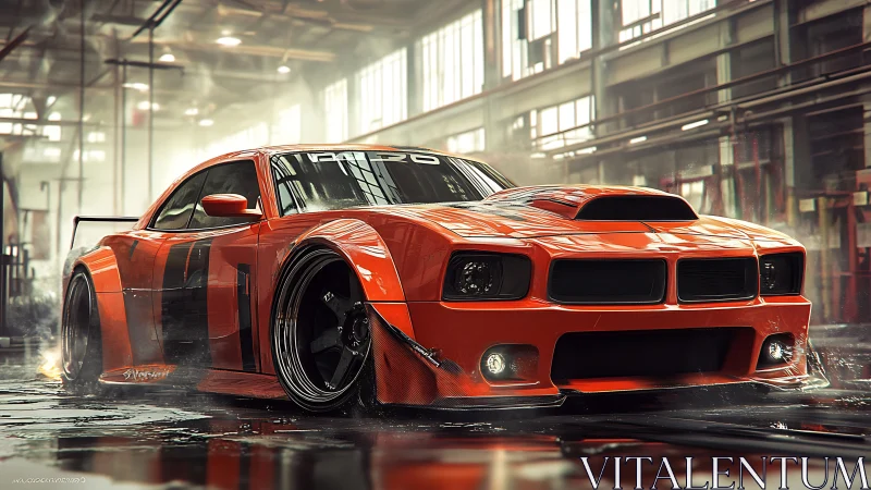 Roaring orange muscle car waits in a glossy industrial garage