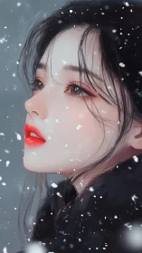 Snowlit profile portrait with luminous red lips in winter.