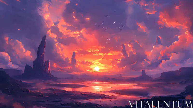Vibrant alien sunset landscape in cinematic digital painting.