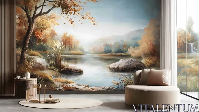 Autumn lake mural wraps a serene modern lounge in calm.