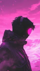 Silhouetted neon listener immersed in magenta atmospheric glow