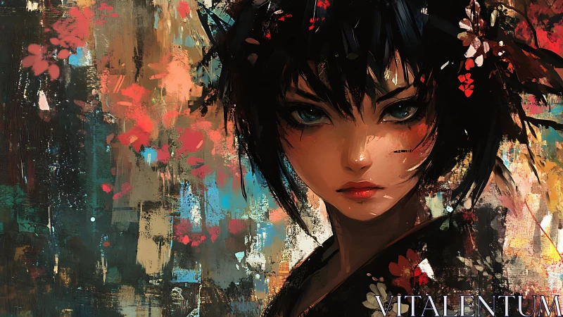 Portrait of dark-haired woman amid abstract floral textures.