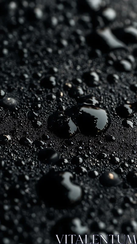 Shimmering black droplets across textured dark surface.