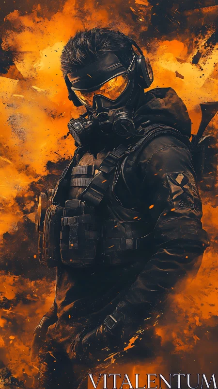 Masked fire-scout standing calm amid roaring orange embers.