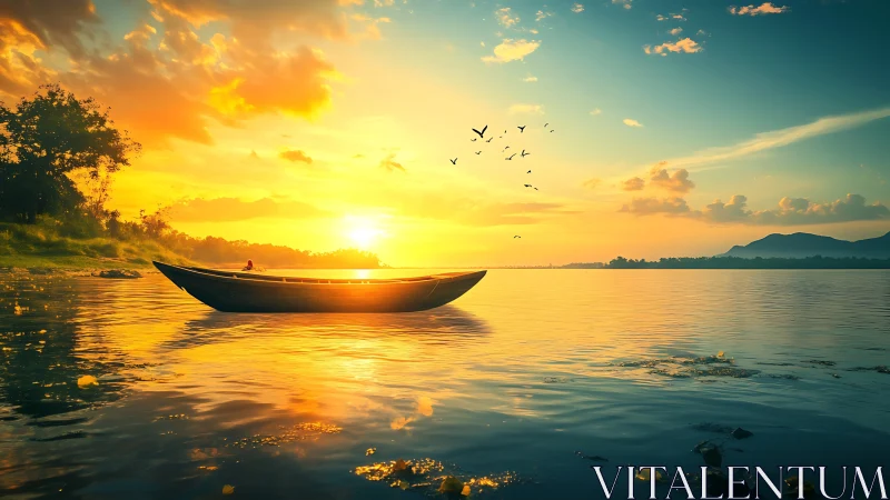 Golden sunset boat drifts across calm reflective waters.