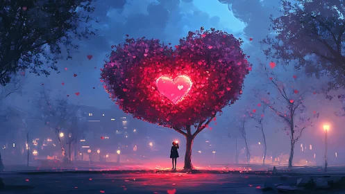 Digital rendering depicts solitary figure beneath illuminated heart-shaped tree structure.
