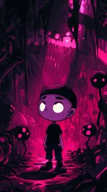 Wide-eyed wanderer in neon mushroom midnight forest glow.