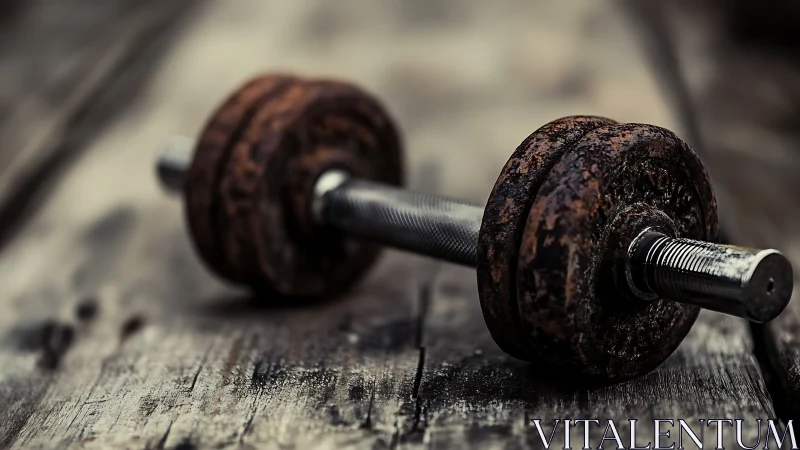 Rusty metal dumbbell rests on worn wooden plank surface