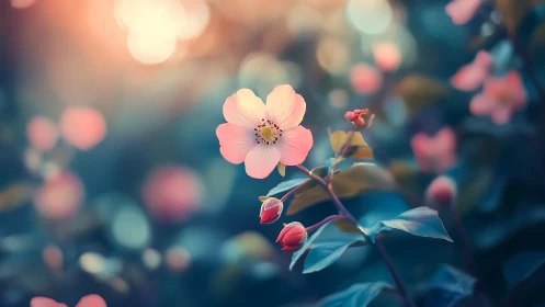 Pink blossom blooms against soft bokeh backdrop with dreamlike focus