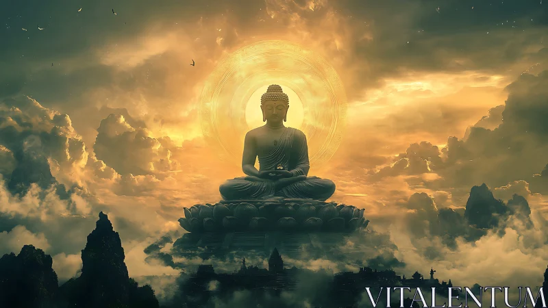 Serene Buddha statue above clouds with radiant golden halo.