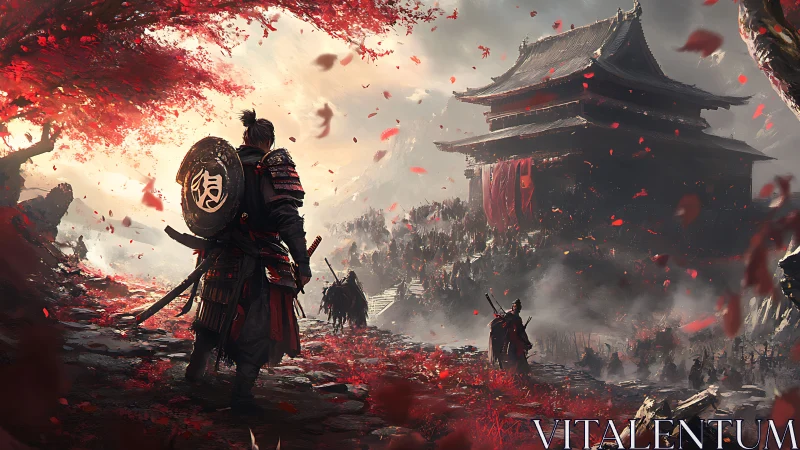 Lone samurai advances toward besieged fortress in crimson dusk.