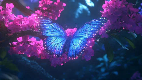 Bioluminescent blue butterfly spans neon blossoms in twilight