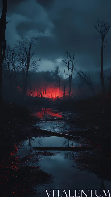 Nocturnal wetland corridor with distant incendiary horizon glow.