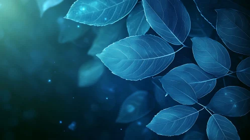 Gentle blue leaves glow softly in a dreamy night garden