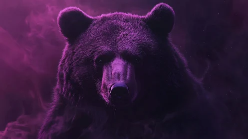 Bioluminescent violet bear portrait in atmospheric fog field