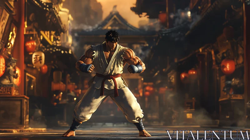 Street warrior steels his spirit in ember-lit alleyway.