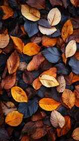Dry autumn leaves lie densely layered in varied warm colors