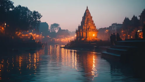 Riverside temple glows at dusk amid mist and reflections.