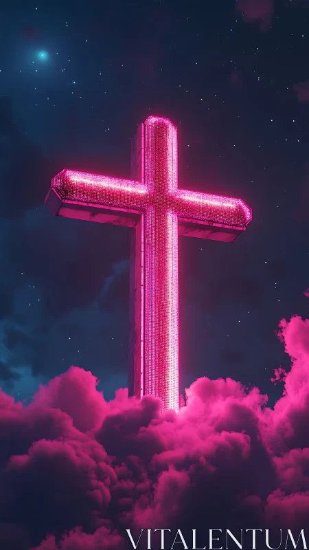 Neon pink cross rising above dense glowing clouds at night.