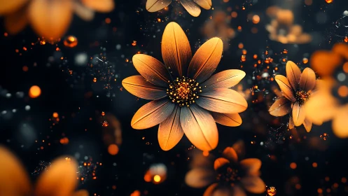 Glowing Orange Flowers with Luminous Particle Effects