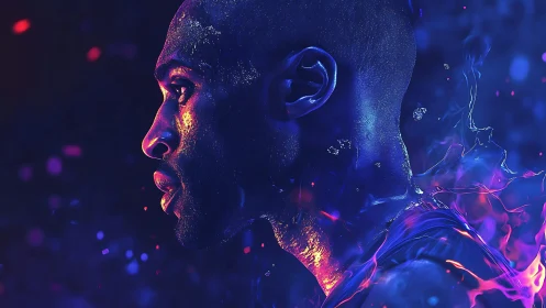 Luminous athlete profile glows in neon fire and cool light