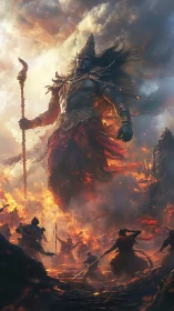 Colossal war god strides through burning battlefield sky.