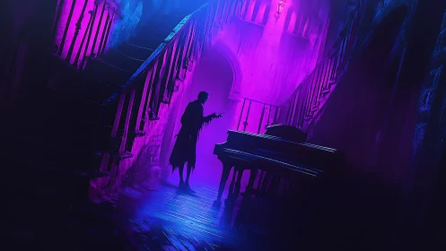 Silhouette pianist haunts neon-lit gothic staircase hall