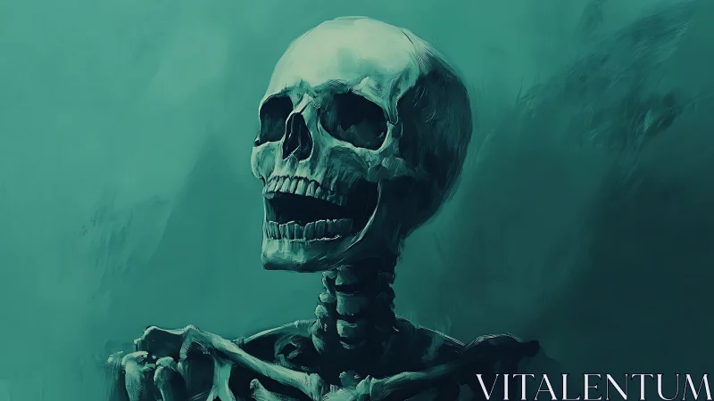 Laughing teal skeleton under painterly twilight haze.