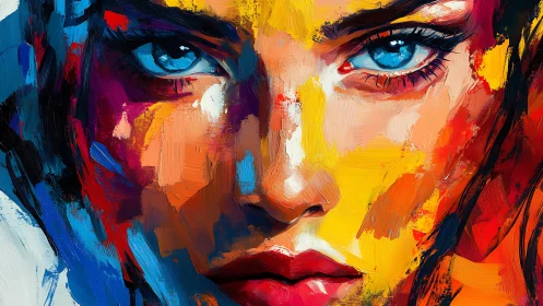 Close-up frontal portrait uses saturated impasto color fields