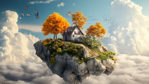 Floating Island House. Golden Autumn Sanctuary Above Clouds.