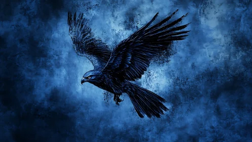Midnight blue raven in dramatic skyward flight.